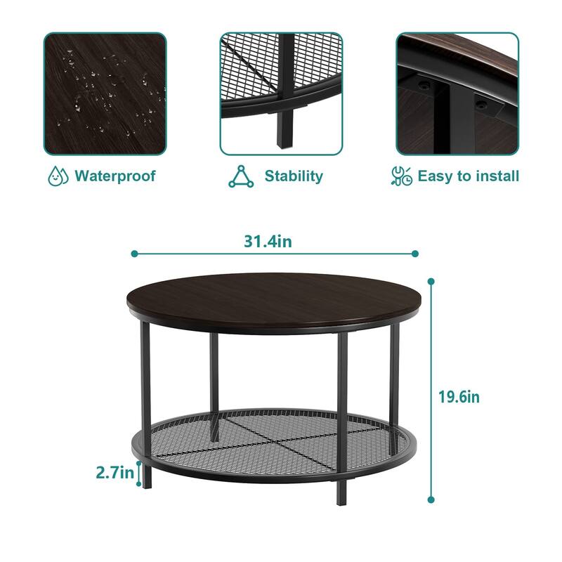 31.5" Round Coffee Table Espresso Color, Industrial 2Tier Circle